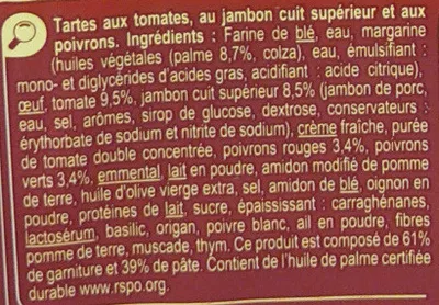 Lista de ingredientes del producto Quiche légumes du soleil au jambon Carrefour 250 g