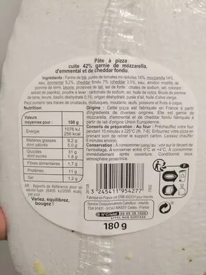 Lista de ingredientes del producto La Pizza 3 Fromages Carrefour, CMI (Carrefour Marchandises Internationales), Groupe Carrefour 180 g