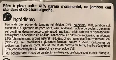 Lista de ingredientes del producto La pizza emmental, jambon, champignons Carrefour 450 g