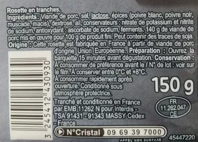 Lista de ingredientes del producto Rosette carrefour 150 g