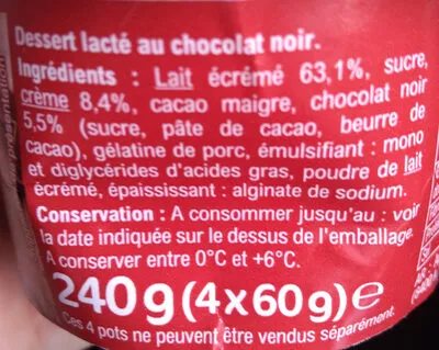 Lista de ingredientes del producto Mousse au chocolat noir Carrefour 240 g (4 x 60 g)