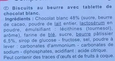 Lista de ingredientes del producto Galletas de mantequilla tabletachocolate blanco Carrefour 150 g