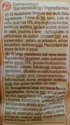 Lista de ingredientes del producto Madeleines longues Carrefour 220 g