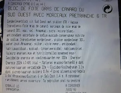 Lista de ingredientes del producto Bloc de foie gras de canard du sud-ouest Carrefour 240 g