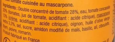 Lista de ingredientes del producto Sauce Tomate Mascarpone Carrefour Sélection 190 g