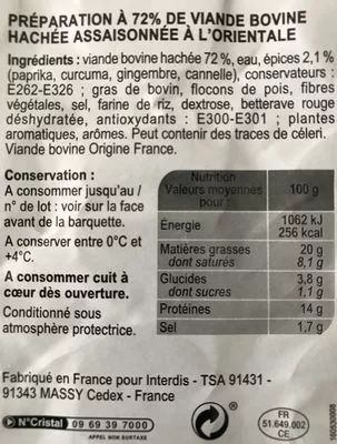 Lista de ingredientes del producto Boulettes Au Boeuf à L'orientale Carrefour 