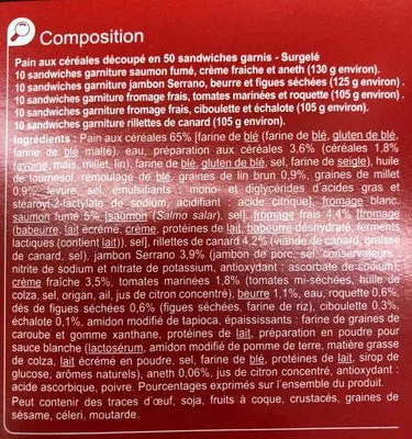 Lista de ingredientes del producto Pain Surprise Aux Céréales Carrefour 950 g