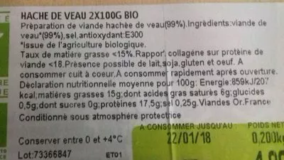 Lista de ingredientes del producto Steak haché bio Carrefour 250 g