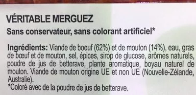 Lista de ingredientes del producto Véritable Merguez Boeuf & Mouton (x 12) Chez Carrefour Sélectionné par nos Bouchers !, CSF (Carrefour Supermarchés France), Groupe Carrefour 0,330 kg