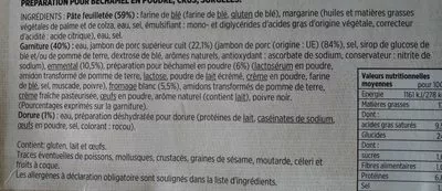 Lista de ingredientes del producto 10 feuilletés Jambon Fromage Emmental Toupargel 10 * 65 g (650 g)