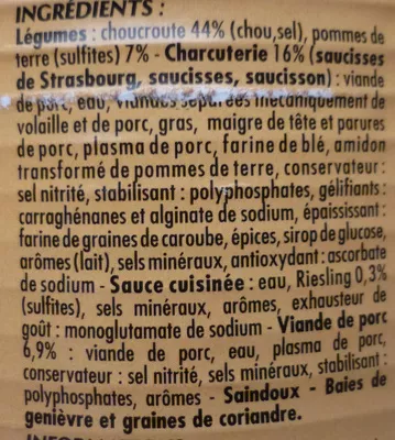 Lista de ingredientes del producto La Choucroute garnie - Cuisinée au Riesling Claude Léger, Sélection Intermarché, Les Mousquetaires 800 g (2 personnes)