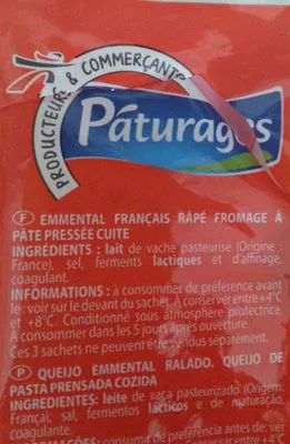 Lista de ingredientes del producto L'emmental français râpé Páturages 3 * 70 g (210 g)