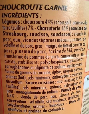 Lista de ingredientes del producto La Choucroute garnie - Cuisinée au Riesling Claude Léger, Sélection Intermarché, Les Mousquetaires 400 g (1 personne)