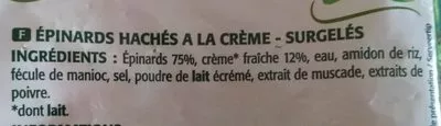 Lista de ingredientes del producto Epinards hachés à la crème Saint Eloi 1 kg