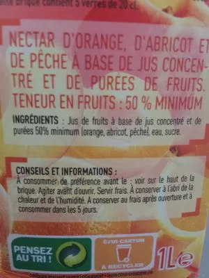 Lista de ingredientes del producto Nectar De Pêche Et Orange Netto 