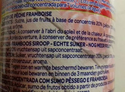 Lista de ingredientes del producto Sirop pêche framboise Paquito 750 ml