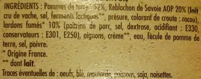 Lista de ingredientes del producto Tartiflette au reblochon de savoie label rouge Itinéraire des Saveurs, Intermarché 300 g