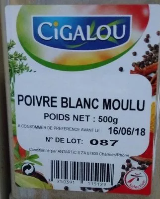 Lista de ingredientes del producto Poivre blanc moulu Cigalou 