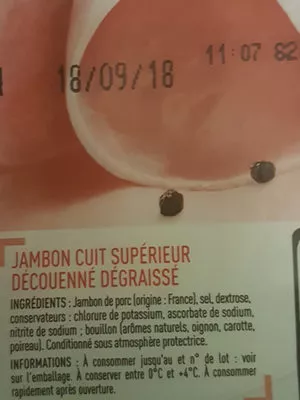 Lista de ingredientes del producto Jambon cuit supérieur (25% de sel en moins) Netto 240 g