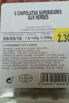 Lista de ingredientes del producto 6 Chipolatas Supérieures aux Herbes Netto, Les Mousquetaires 300 g