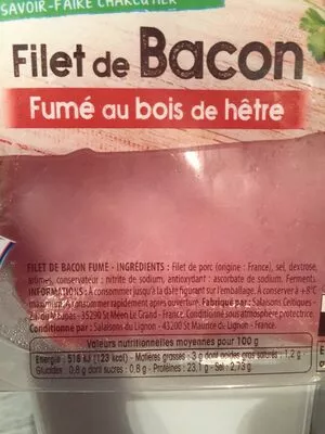 Lista de ingredientes del producto Filet de Bacon Fumé au bois de hêtre Monique Ranou 150 g