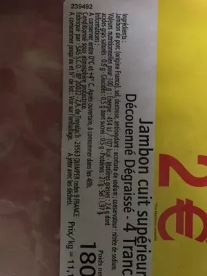 Lista de ingredientes del producto Jambon Decouénné Dégraissé Sans marque, S.C.O 180 g