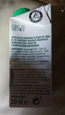 Lista de ingredientes del producto Soja cuisine Regain 20 cl