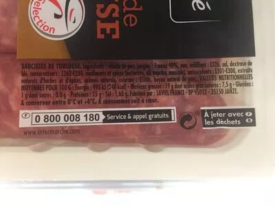 Lista de ingredientes del producto Saucisses de Toulouse x4, la barquette de Groupe Saviel France, Groupe louis delhaize 500 g