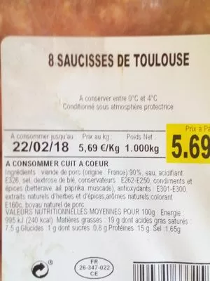 Lista de ingredientes del producto 8 Saucisses De Toulouse Netto 