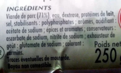 Lista de ingredientes del producto Cervelas - pur porc Monique Ranou 250 g