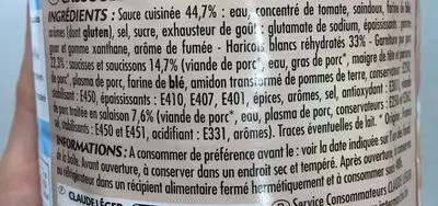 Lista de ingredientes del producto Cassoulet pur porc Claude Léger 1260 g e