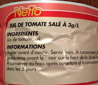 Lista de ingredientes del producto Jus de Tomate Netto 