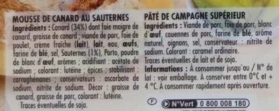 Lista de ingredientes del producto Duo pâté de campagne-mousse de canard au Sauternes Monique Ranou 2 * 50 g (100 g)