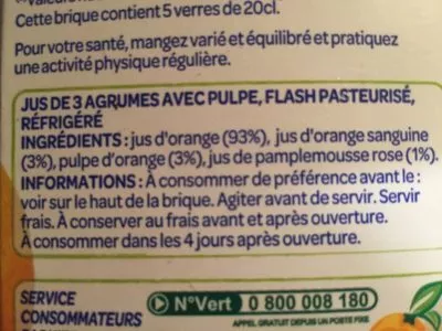 Lista de ingredientes del producto 100% Pur Jus Pressé 3 Agrumes avec pulpe Paquito, Sélection Intermarché 1000 ml