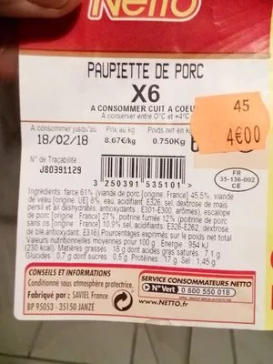 Lista de ingredientes del producto Paupiette de veau Netto 