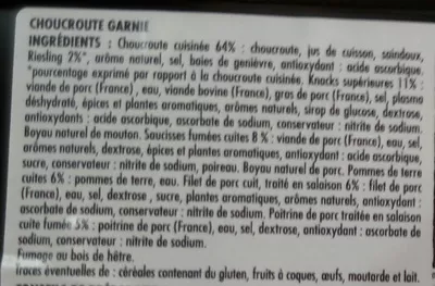 Lista de ingredientes del producto Véritable choucroute garnie d'Alsace au riesling Itinéraire des Saveurs, Sélection Les Mousquetaires 1000 g