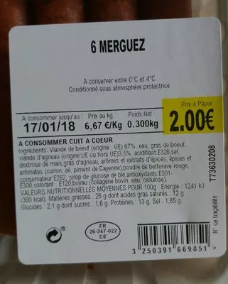 Lista de ingredientes del producto 6 Merguez Netto 0,300 kg