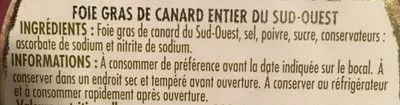 Lista de ingredientes del producto Foie Gras de Canard Entier Du sud-Ouest Itineraire Des Saveurs 190 g