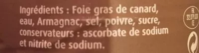 Lista de ingredientes del producto Bloc de Foie Gras de Canard Dunoy, Intermarché, Les Délices d'Auzan 400 g