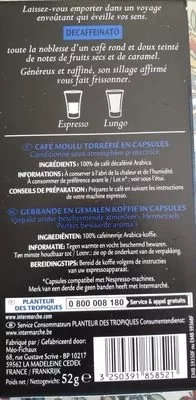 Lista de ingredientes del producto Café décaféiné Planteur des Tropiques, Intermarché 52 g e (10 * 5,2 g)