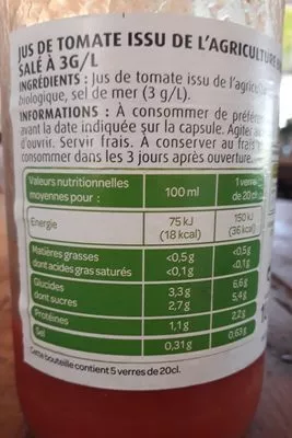 Lista de ingredientes del producto Jus de tomate salé à 3g/l Paquito 75cl