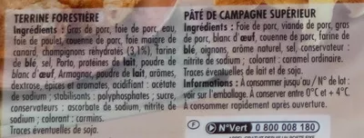 Lista de ingredientes del producto Duo terrine forestière - pâté de campagne Monique Ranou 100 g (2 x 50 g)