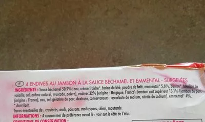 Lista de ingredientes del producto Endives au jambonSauce béchamel et emmental Monique Ranou 750 g