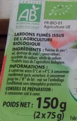 Lista de ingredientes del producto Lardons fumés au bois de hêtre Bio Monique Ranou 150 g (2 x 75 g)