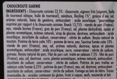 Lista de ingredientes del producto Véritable choucroute garnie d'Alsace au riesling Itinéraire des Saveurs 400 g