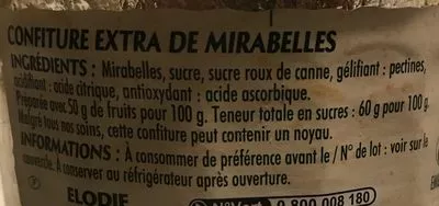 Lista de ingredientes del producto Confiture Mirabelles Intermarché, Elodie 370 g