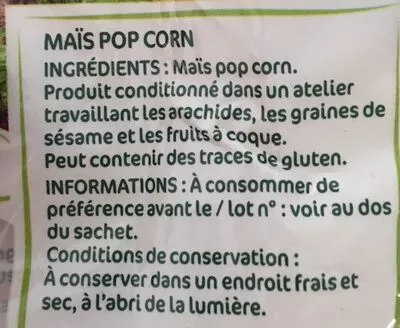 Lista de ingredientes del producto Maïs Pop Corn Saint eloi 500 g