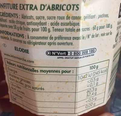 Lista de ingredientes del producto Confiture d'abricots Élodie 750 g