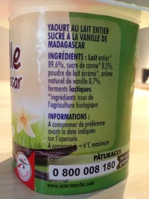 Lista de ingredientes del producto Yahourt vanille lait entier bio Bio paturages 500 g