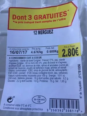 Lista de ingredientes del producto Merguez Saviel France 